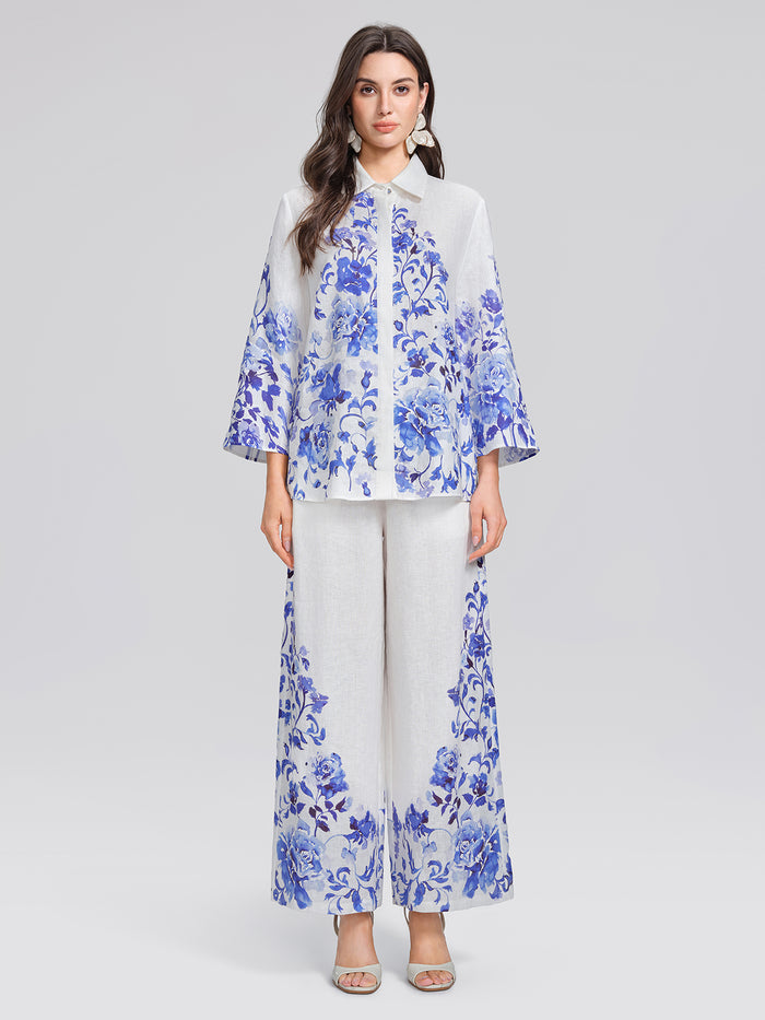 100% Linen Drawstring Wide-Leg Pants