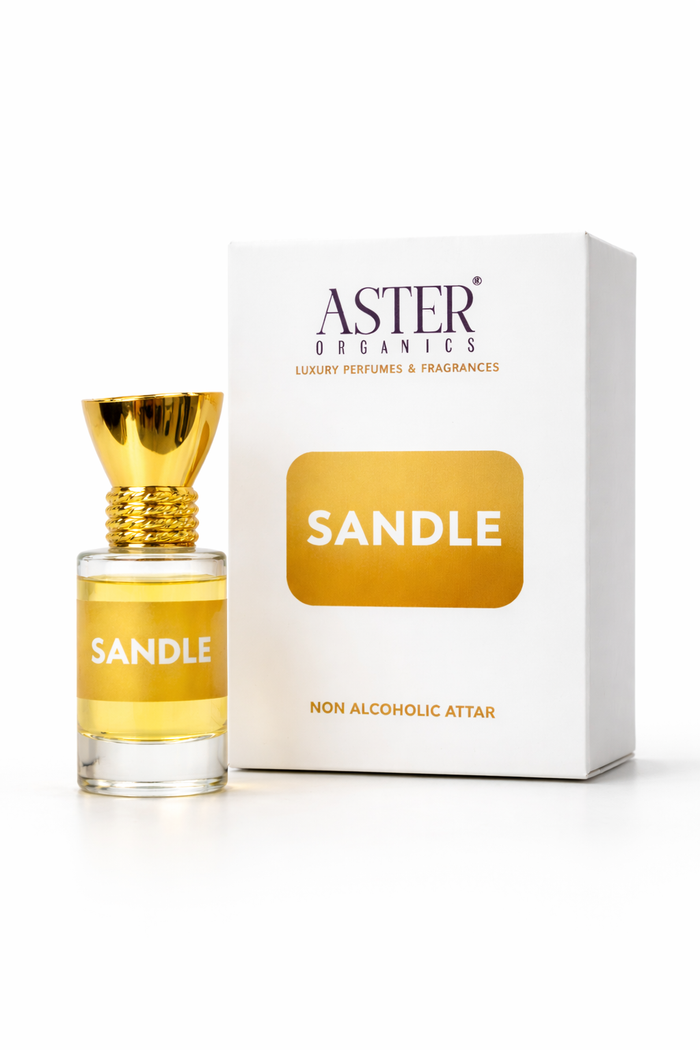 Aster Organics Sandal Attar with packaging on a white background