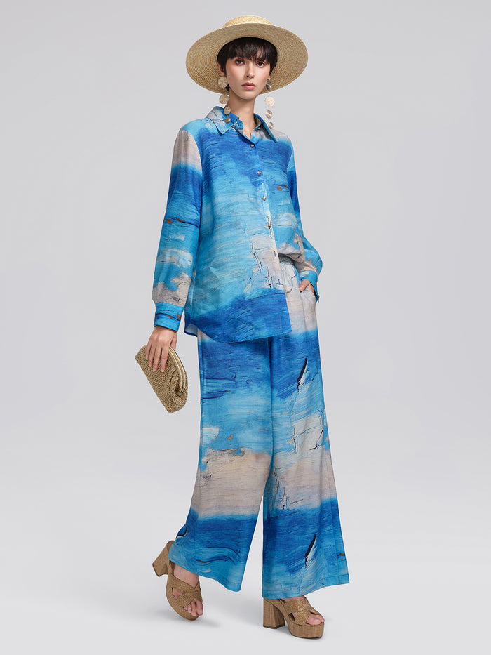 Blue Oil Painting Print Wide-Leg Pants