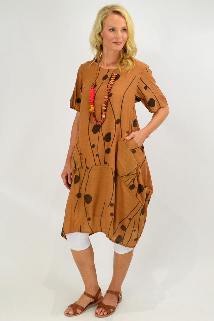 Caramel Dots Bubble Tunic Dress by La Mode featuring a playful bubble silhouette and dotted pattern, stylish and comfortable.