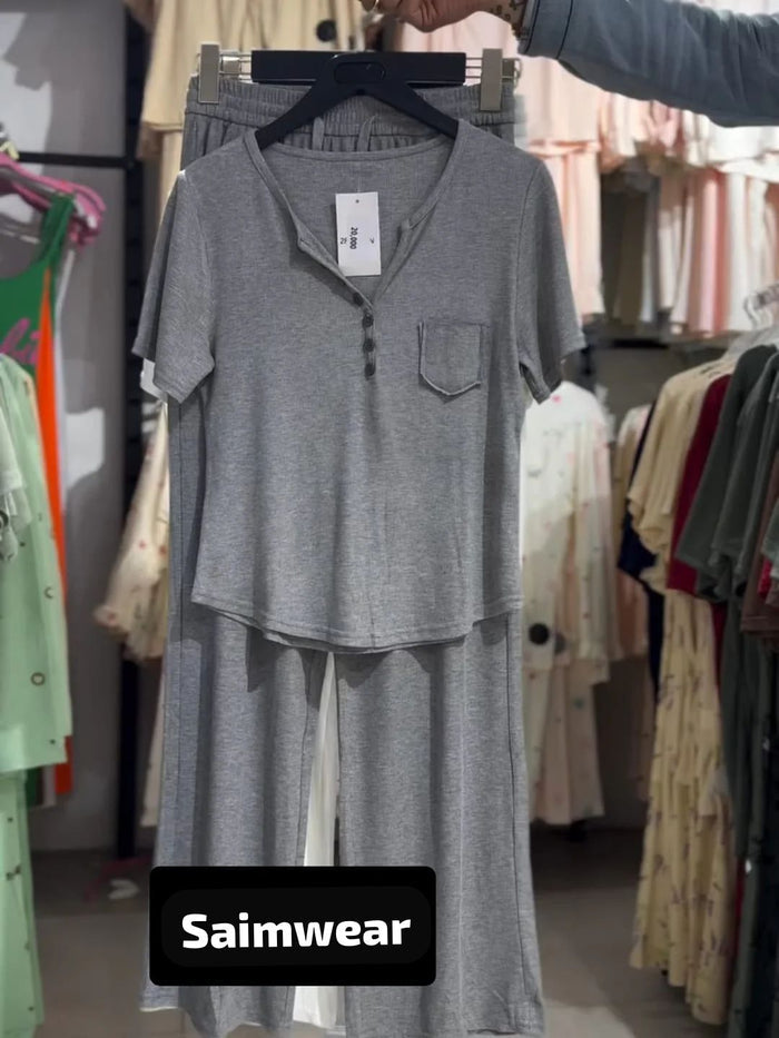 CH-538 2 Pcs Button Casual Top With Straight Trouser - Saimwear