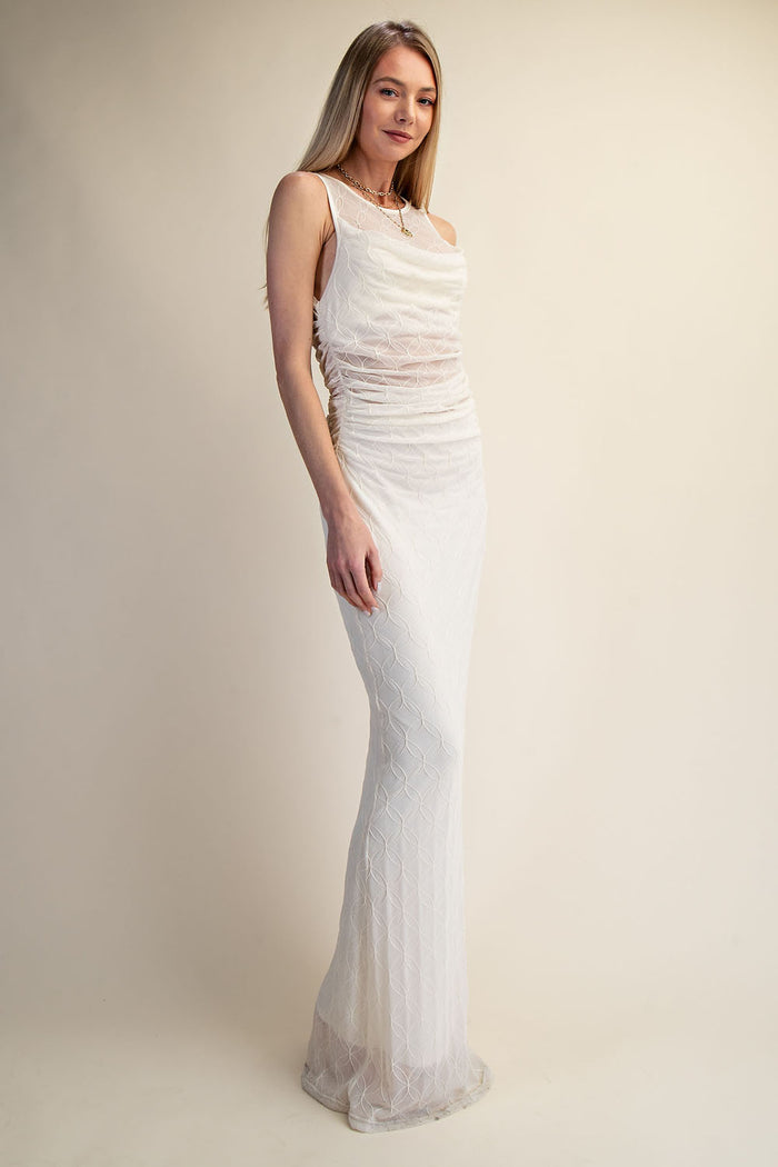 Embroidered Mesh Ruched Maxi Dress