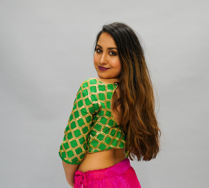Formal Silk Dark Paris Green Crop Top with Three Quarter Sleeves