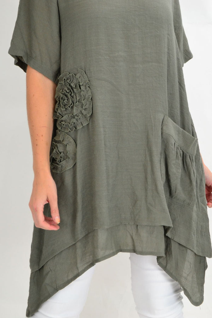 Khaki applique short sleeve tunic top by La Mode, featuring a relaxed fit and decorative appliqué details on the front.
