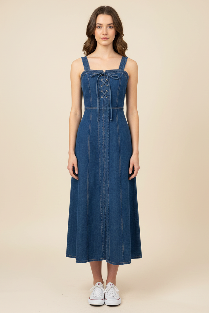 Lace-Up Front Denim Midi Dress