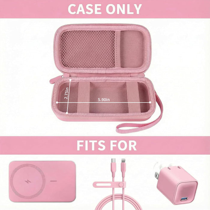 Open pink MagSafe power bank case with mesh pocket and elastic retaining straps; case only