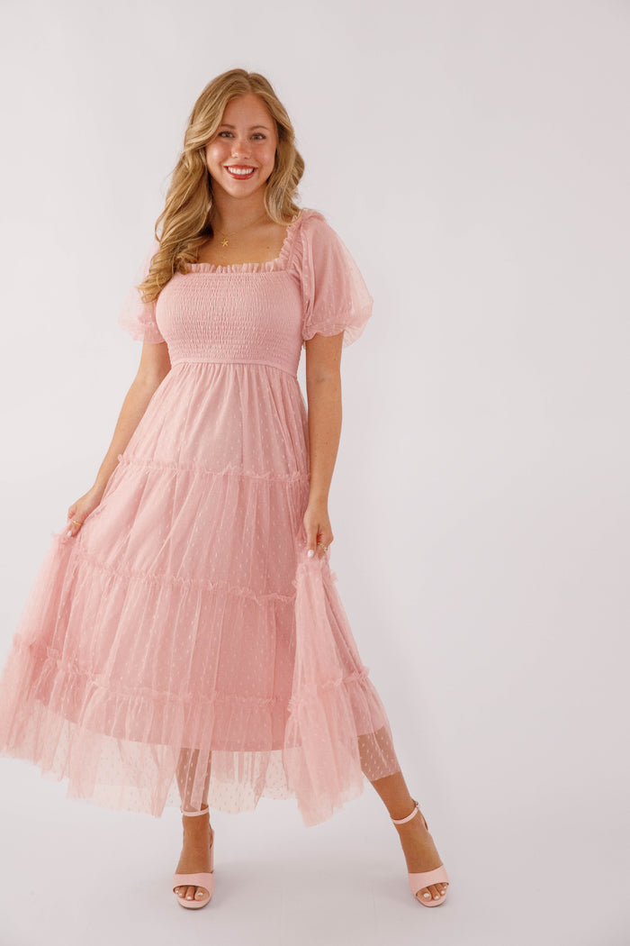 Blush Pink Midi Dress- Tulle Swiss Dot Midi Dress- Spring Summer Dresses