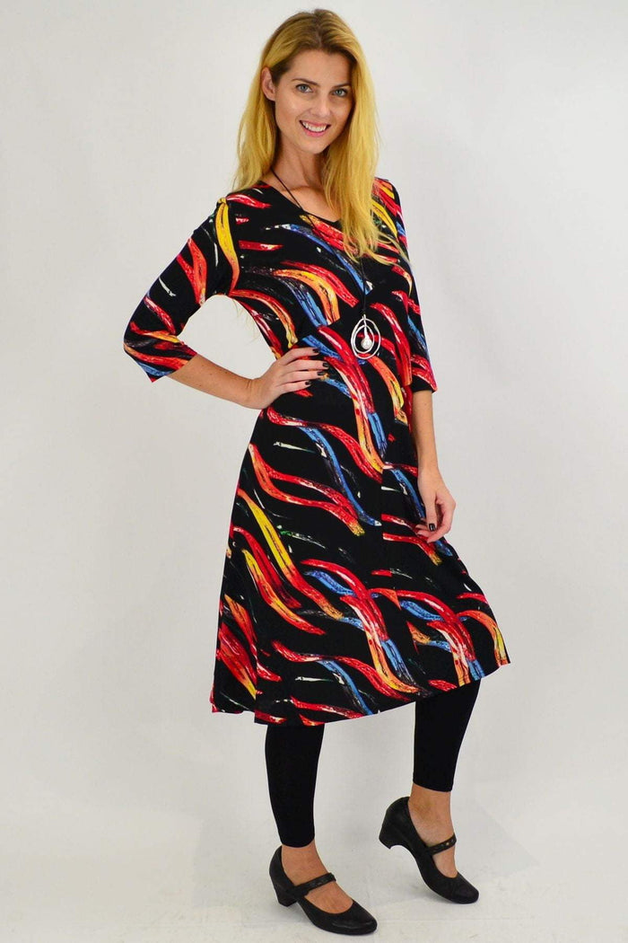 Vuios Paint Splash Midi Tunic Dress featuring vibrant paint splatter design, flowing fabric, and a stylish, relaxed fit.