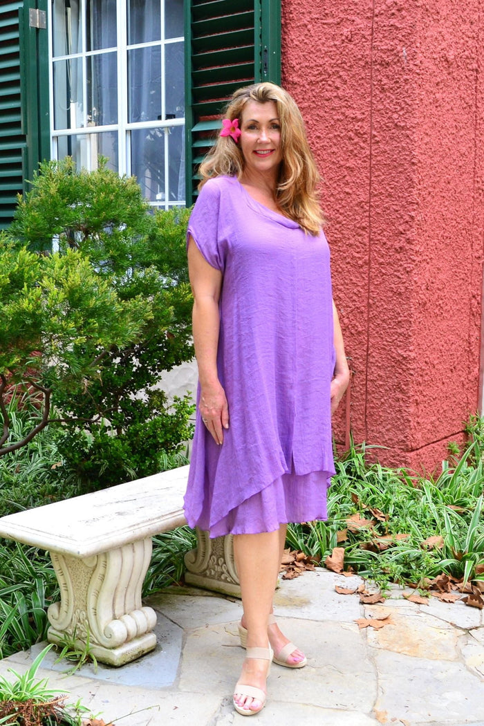 Purple drop shoulder tunic dress by Wishstone, featuring a relaxed fit and stylish design, shown on a model.