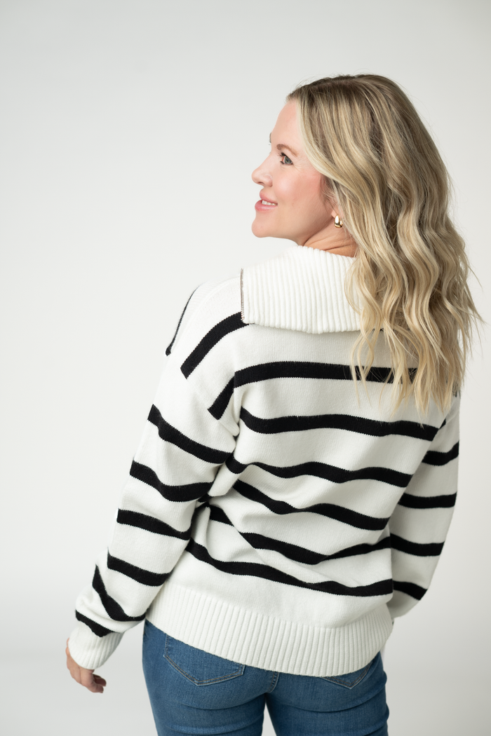 Quarter Zip Striped Pullover - Black and White by Michelle Mae