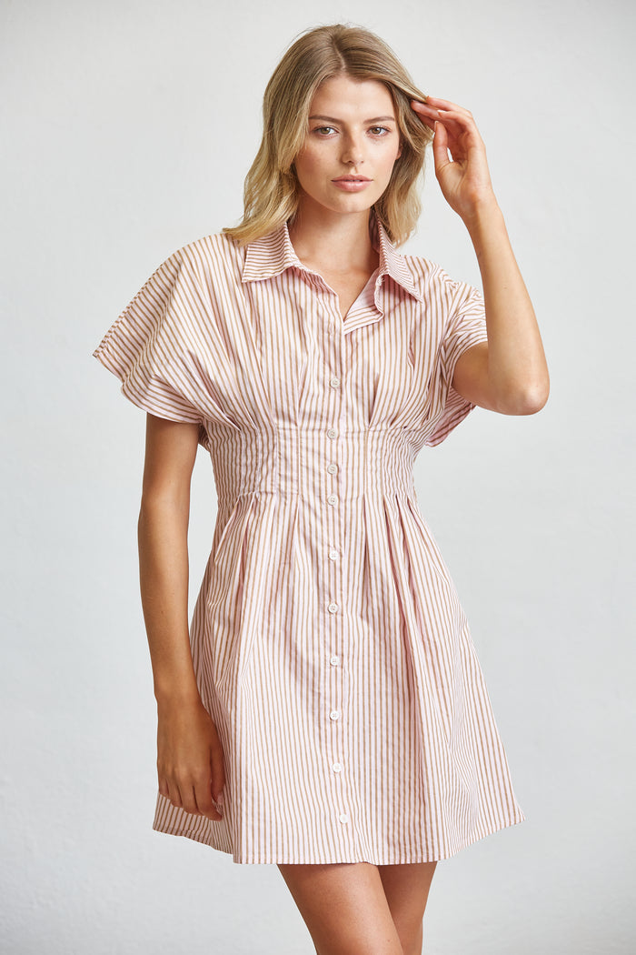 Stripe Cotton Shirt Mini Dress with Smocked Waist