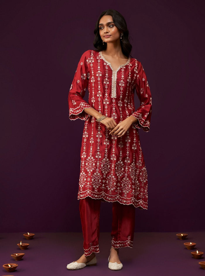 Tasanee Cupro Satin Red Kurta Set