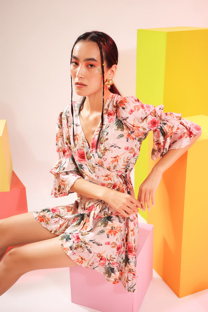 Victoria Bloom Wrap Around Muslin Silk Pink Dress