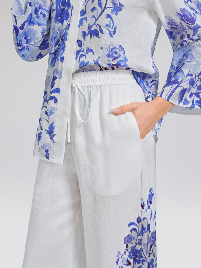 100% Linen Drawstring Wide-Leg Pants