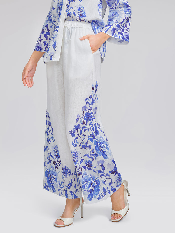 100% Linen Drawstring Wide-Leg Pants