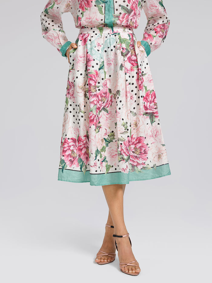100% Linen Peony Polka Dot Print A-Line Skirt