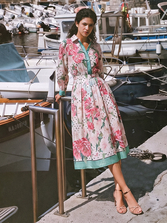 100% Linen Peony Polka Dot Print A-Line Skirt