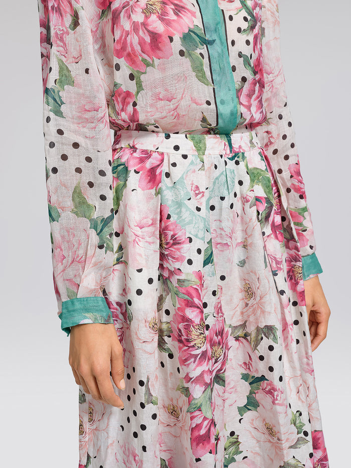 100% Linen Peony Polka Dot Print A-Line Skirt
