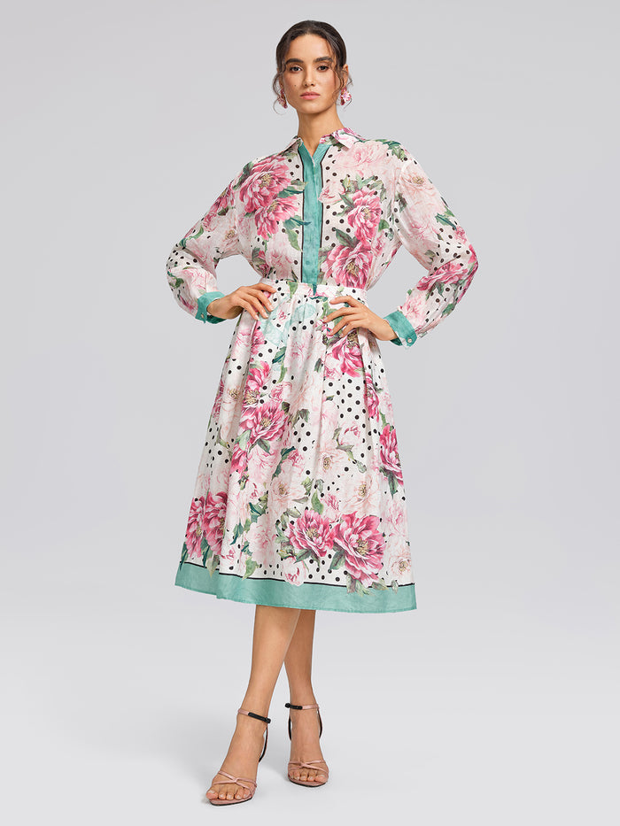 100% Linen Peony Polka Dot Print A-Line Skirt