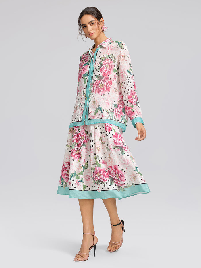 100% Linen Peony Polka Dot Print A-Line Skirt