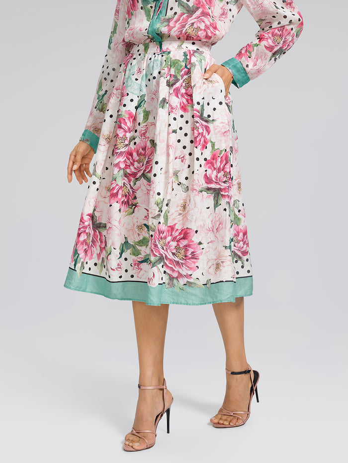 100% Linen Peony Polka Dot Print A-Line Skirt
