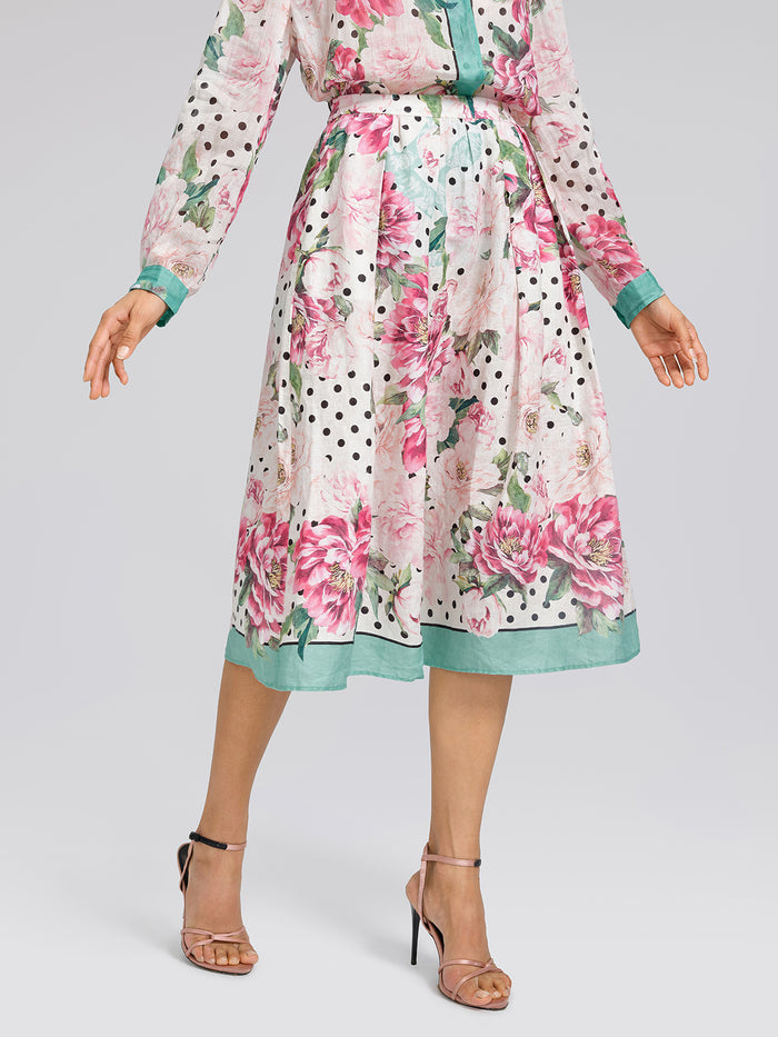 100% Linen Peony Polka Dot Print A-Line Skirt