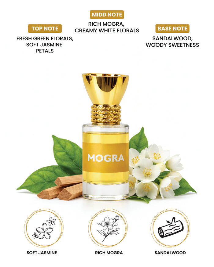 Small glass bottle of 100% organic luxury Mogra Attar, 6ml