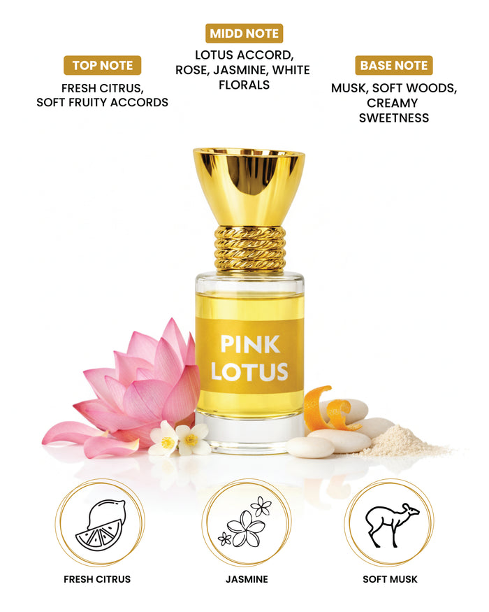 Bottle of pink lotus attar perfume with label.