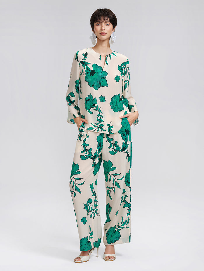 100% Silk Drawstring Waist Elastic Wide-Leg Pants