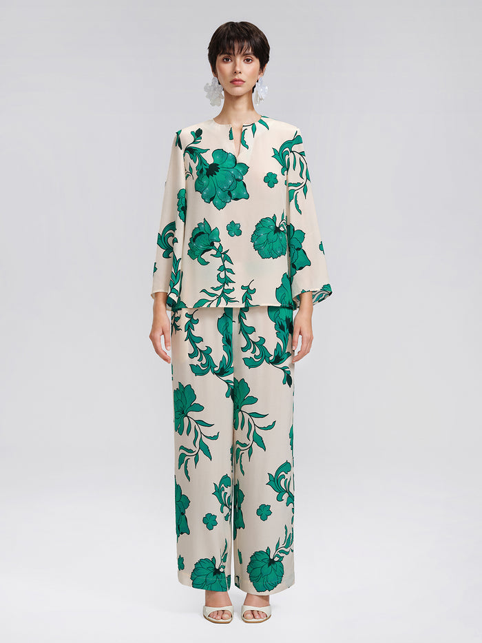 100% Silk Drawstring Waist Elastic Wide-Leg Pants
