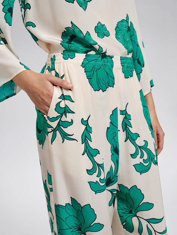 100% Silk Drawstring Waist Elastic Wide-Leg Pants