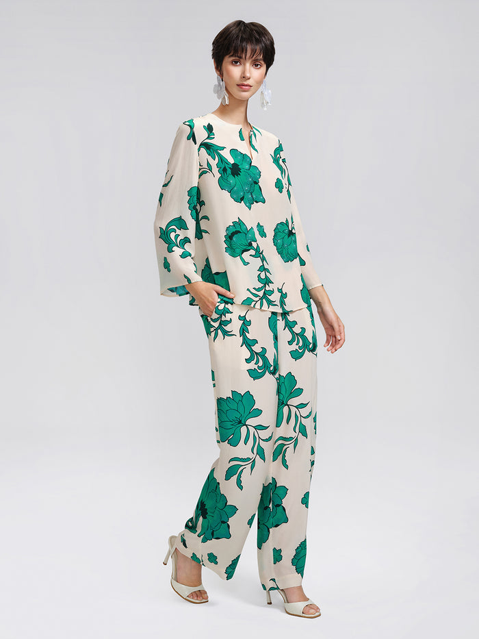 100% Silk Drawstring Waist Elastic Wide-Leg Pants