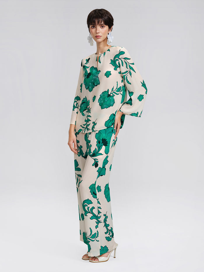 100% Silk Drawstring Waist Elastic Wide-Leg Pants