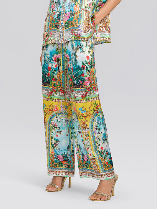 100% Silk Manor Print Wide Leg Pants