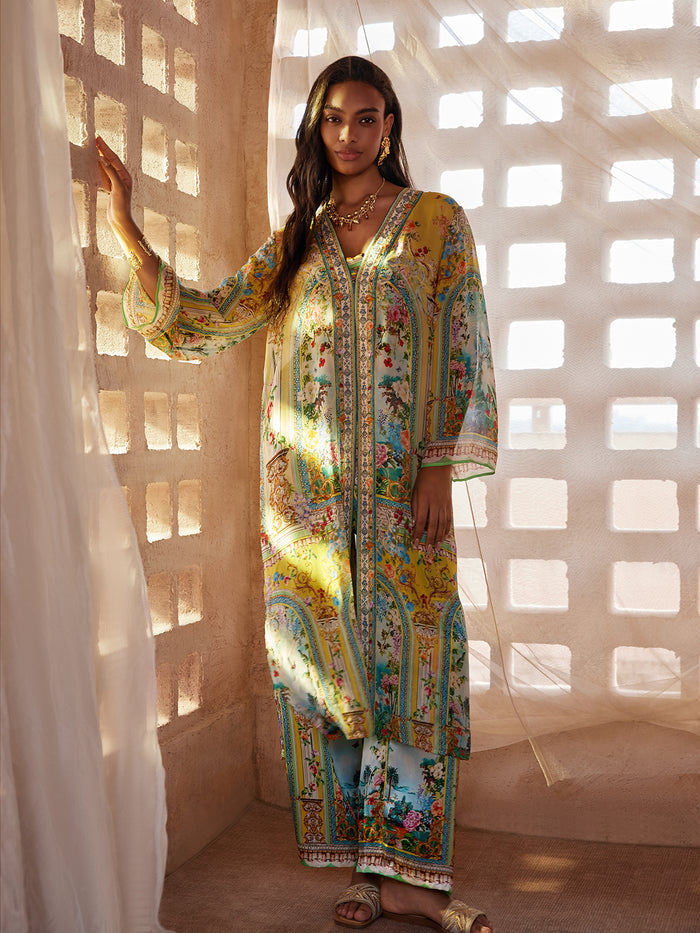 100% Silk Manor Print Wide Leg Pants
