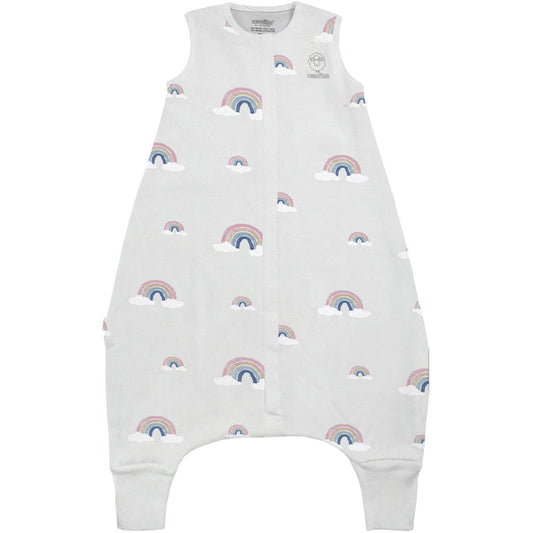 Woolino baby sleeping bag with legs in rainbow pattern on a white background