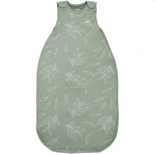 Green baby sleeping bag with leaf pattern on a white background