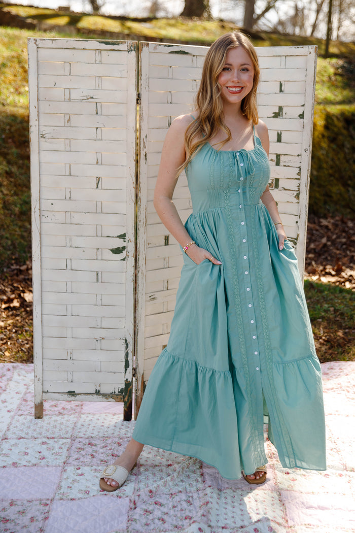 Sage Lace Trim Midi Dress – Romantic Button Front Cottagecore Dress- In Loom Lace Dress