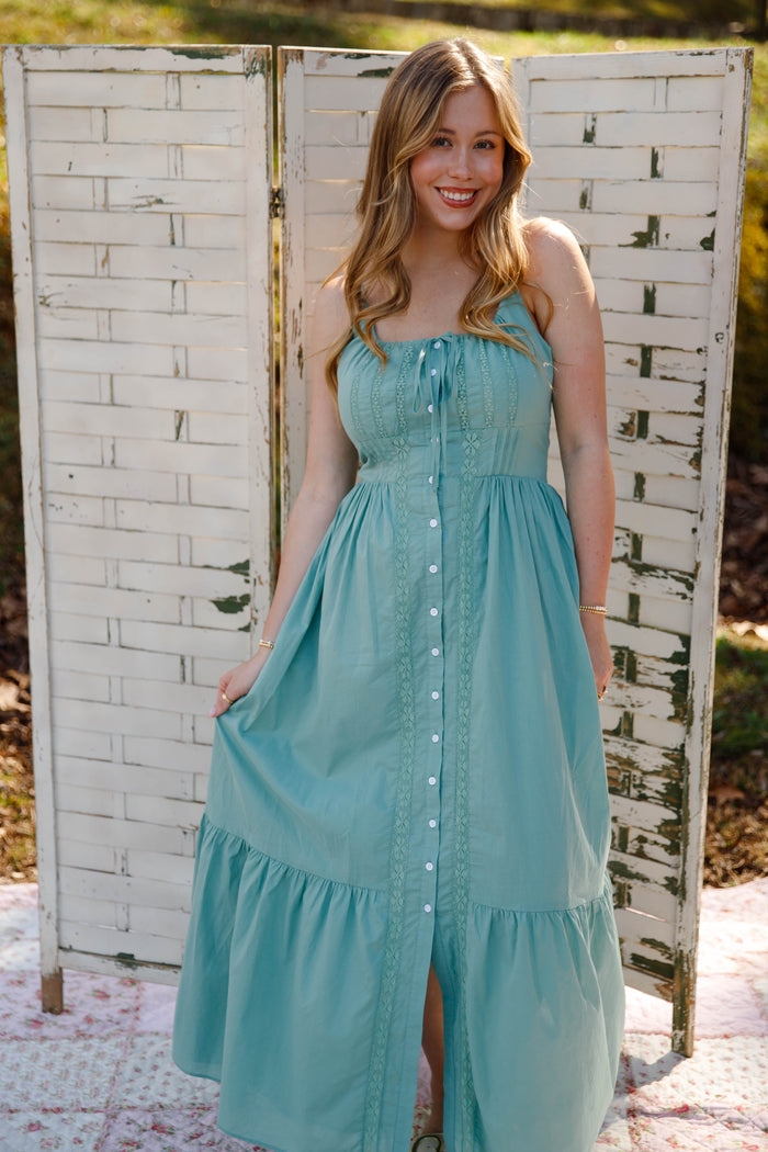Sage Lace Trim Midi Dress – Romantic Button Front Cottagecore Dress- In Loom Lace Dress
