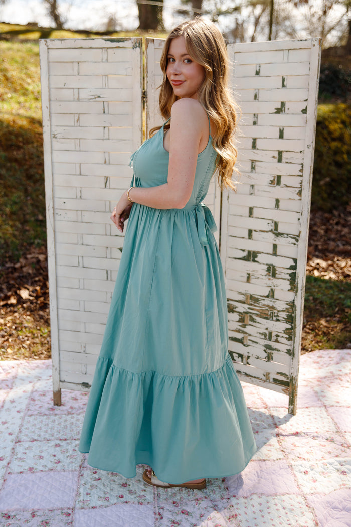 Sage Lace Trim Midi Dress – Romantic Button Front Cottagecore Dress- In Loom Lace Dress