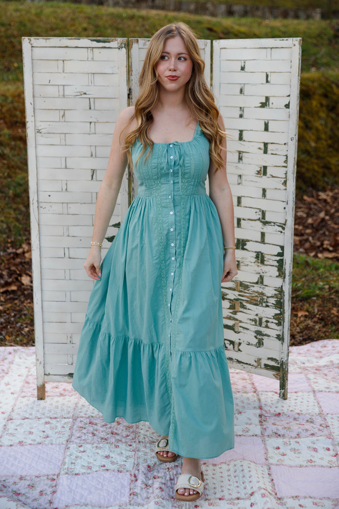 Sage Lace Trim Midi Dress – Romantic Button Front Cottagecore Dress- In Loom Lace Dress
