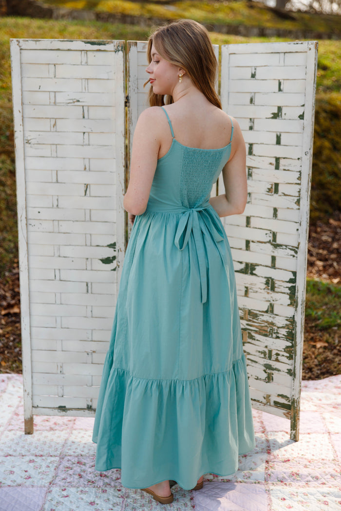 Sage Lace Trim Midi Dress – Romantic Button Front Cottagecore Dress- In Loom Lace Dress