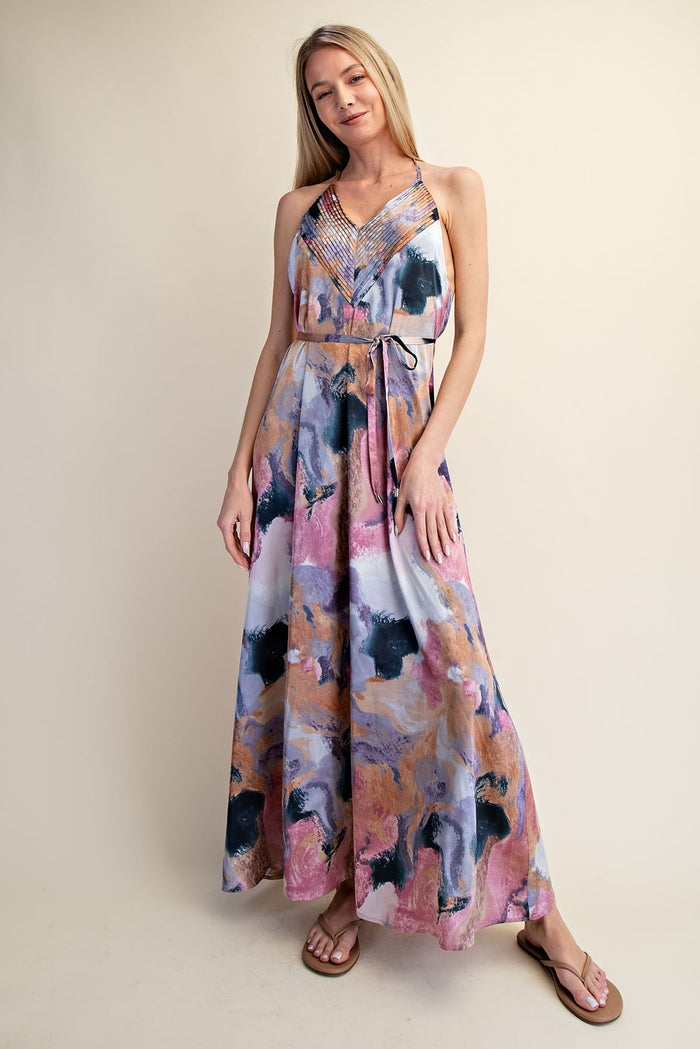 Abstract Print Halter Open-Back Maxi Dress