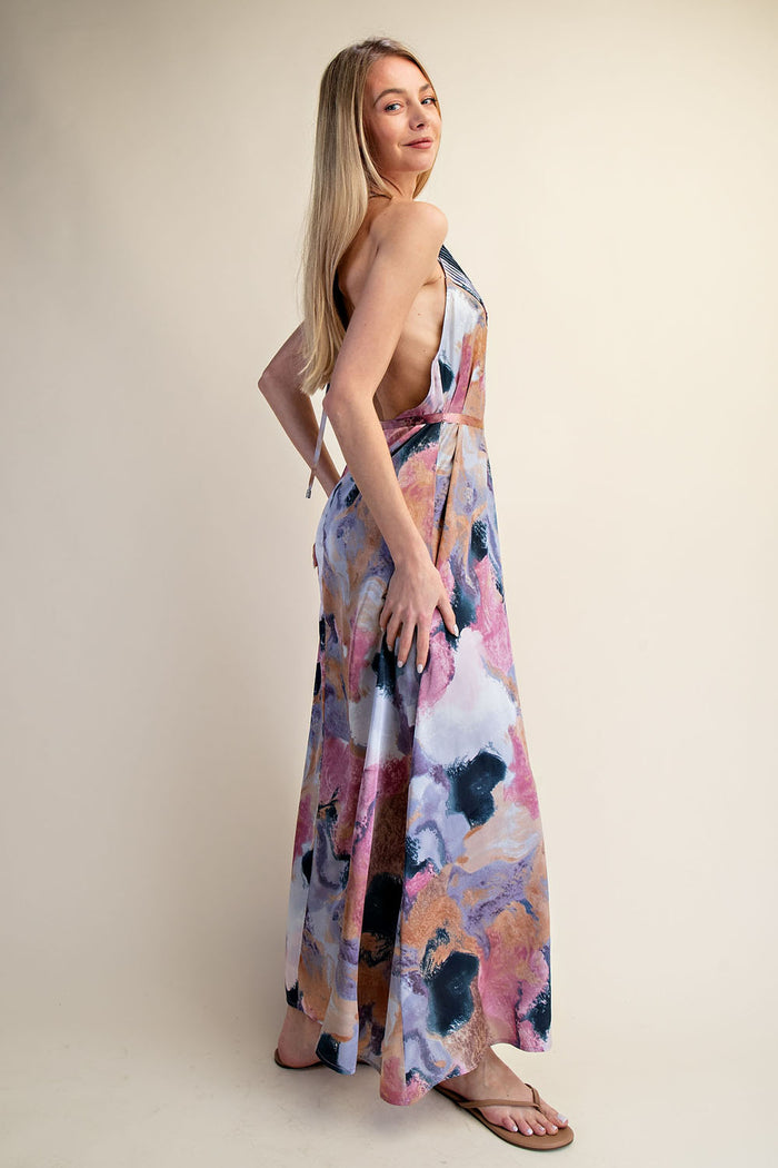 Abstract Print Halter Open-Back Maxi Dress