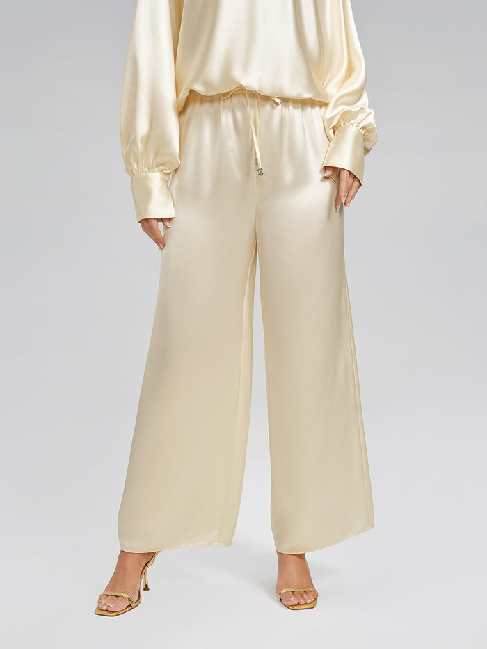 Acetate Elastic-Waist Straight Wide-Leg Pants