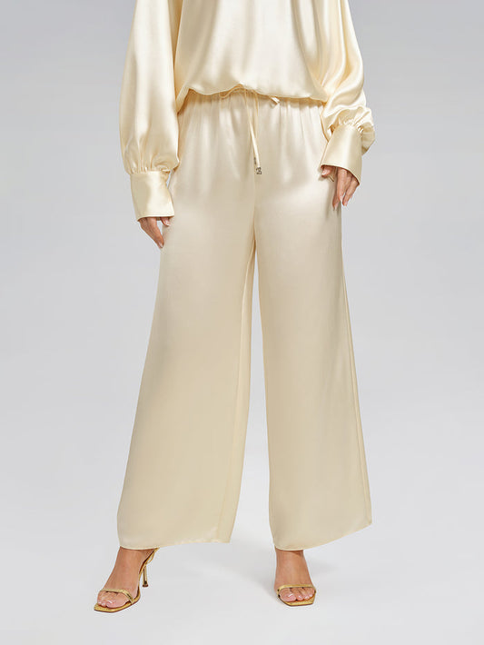 Acetate Elastic-Waist Straight Wide-Leg Pants