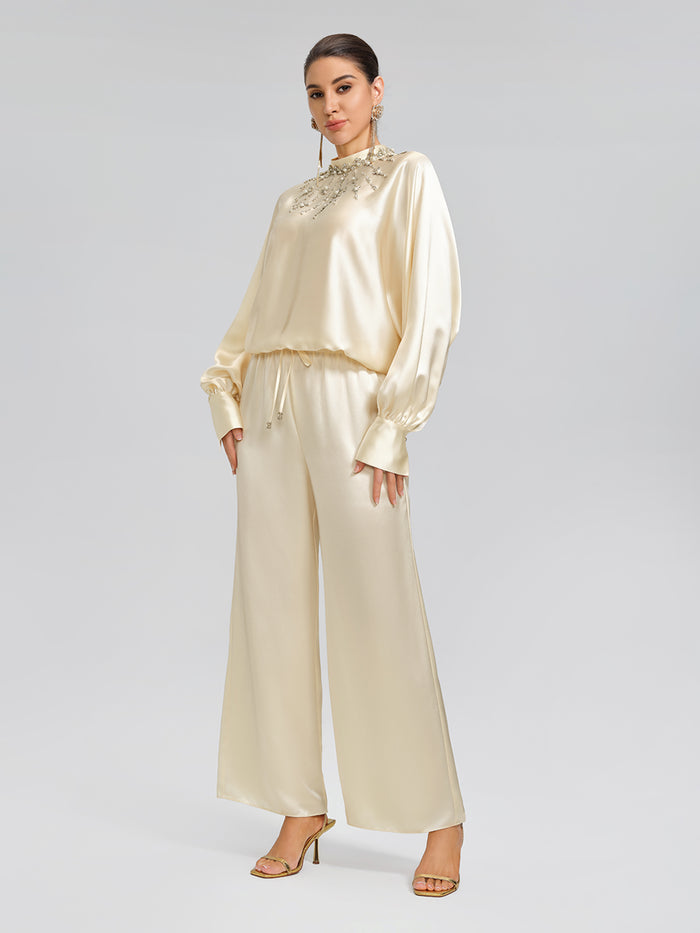 Acetate Elastic-Waist Straight Wide-Leg Pants