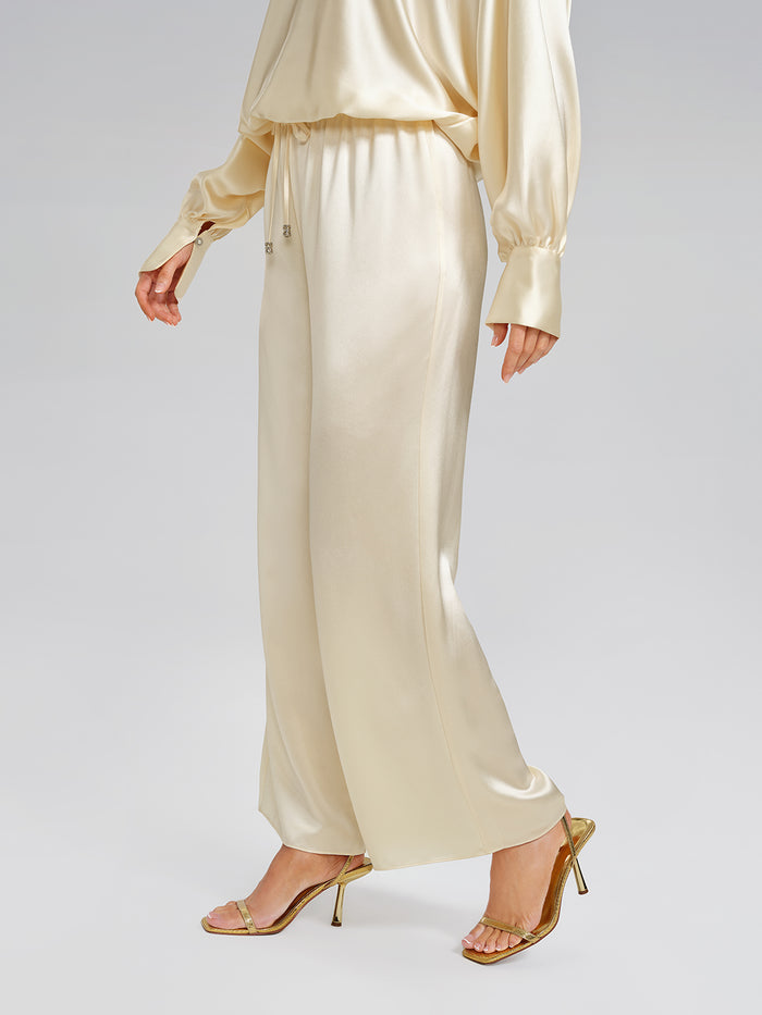 Acetate Elastic-Waist Straight Wide-Leg Pants