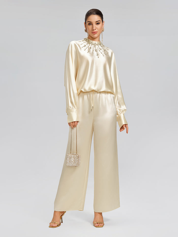 Acetate Elastic-Waist Straight Wide-Leg Pants
