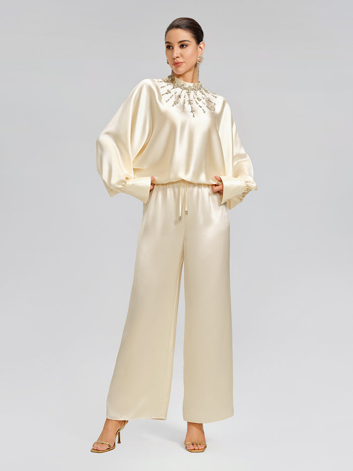 Acetate Elastic-Waist Straight Wide-Leg Pants